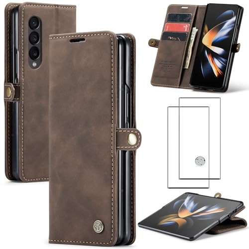 ZKGCG Kompatibel mit Samsung Galaxy Z Fold 4-5G Handyhülle[Kaffee] Leder Schutzhülle Wallet Klapphülle RFID Kartenfach Hülle Stoßfeste Bumper Ständer Phone Case Cover+HD Displayschutzfolie-2022 von ZKGCG