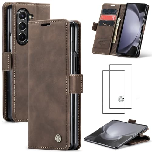 ZKGCG Kompatibel mit Samsung Galaxy Z Fold 5-5G Handyhülle[Kaffee] Leder Schutzhülle Wallet Klapphülle RFID Kartenfach Hülle Stoßfeste Bumper Ständer Phone Case Cover+HD Displayschutzfolie-2023 von ZKGCG