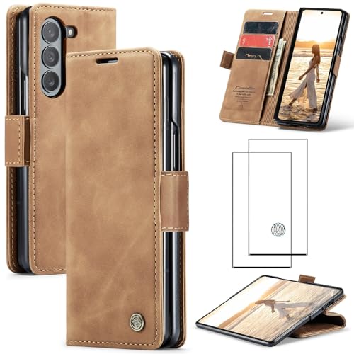ZKGCG Kompatibel mit Samsung Galaxy Z Fold 6-5G Handyhülle[Braun] Leder Schutzhülle Wallet Klapphülle RFID Kartenfach Hülle Stoßfeste Bumper Ständer Phone Case Cover+HD Displayschutzfolie-2024 von ZKGCG