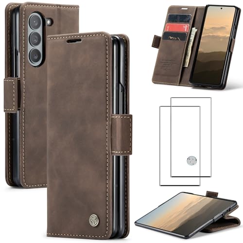 ZKGCG Kompatibel mit Samsung Galaxy Z Fold 6-5G Handyhülle[Kaffee] Leder Schutzhülle Wallet Klapphülle RFID Kartenfach Hülle Stoßfeste Bumper Ständer Phone Case Cover+HD Displayschutzfolie-2024 von ZKGCG