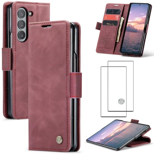 ZKGCG Kompatibel mit Samsung Galaxy Z Fold 6-5G Handyhülle[Rot] Leder Schutzhülle Wallet Klapphülle RFID Kartenfach Hülle Stoßfeste Bumper Ständer Phone Case Cover+HD Displayschutzfolie-2024 von ZKGCG