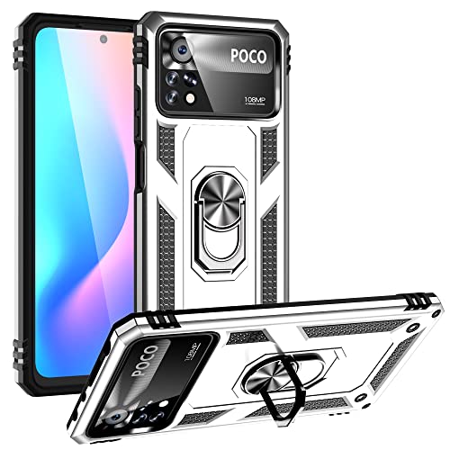 ZKGCG Kompatibel mit Xiaomi Poco X4Pro Smartphone Hülle[Silber] Militär-Stoßfeste Handyhülle Ständer Schutzhülle Bumper Protection Case+HD Displayschutzfolie Xiaomi Poco X4Pro-2022 von ZKGCG