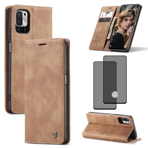 ZKGCG Kompatibel mit Xiaomi Redmi Note 10-5G/Poco M3 Pro-5G Handyhülle[Braun] Leder Schutzhülle Wallet Klapphülle RFID Kartenfach Hülle Bumper Ständer Phone Case Cover+HD Displayschutzfolie-2021 von ZKGCG