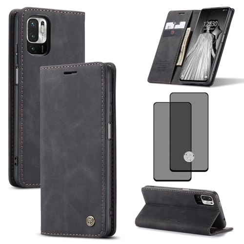 ZKGCG Kompatibel mit Xiaomi Redmi Note 10-5G/Poco M3 Pro-5G Handyhülle[Schwarz] Leder Schutzhülle Wallet Klapphülle RFID Kartenfach Hülle Bumper Ständer Phone Case Cover+HD Displayschutzfolie-2021 von ZKGCG