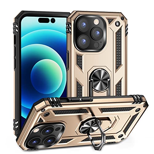 ZKGCG Kompatibel mit iPhone 14Pro Smartphone Hülle[Gold] Militär-Stoßfeste Handyhülle Ständer Schutzhülle Bumper Protection Case+HD Displayschutzfolie iPhone 14Pro-2022 von ZKGCG