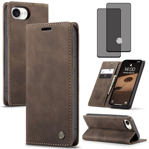 ZKGCG Kompatibel mit iPhone 16E Handyhülle[Kaffee] Leder Schutzhülle Wallet Klapphülle RFID Kartenfach Hülle Stoßfeste Bumper Ständer Phone Case Cover+HD Displayschutzfolie-2024 von ZKGCG