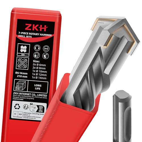 ZKH SDS Plus Bohrer Set 7 Stück, Betonbohrer 210mm(Ø 6,8,10,12,14 mm), Hammerbohrer mit 4 Schneiden, Steinbohrer zum Bohren von Beton, Stein, Holz, Ziegel, Fliesen von ZKH