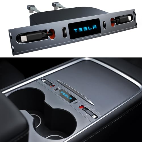 ZKJAYOE fur Tesla USB Hub, Einziehbare Hub-Dockingstation, Schnellladung mit Kabeladapter für Model Y 2021-2024 Model 3 2021-2023 Dockingstation der Mittelkonsole für Tesla zubehör, Model 3/Y Zubehör von ZKJAYOE