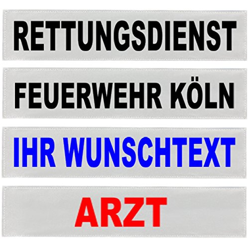 Reflexschild Rückenschild silber reflektierend mit Wunschtext 38x8cm, 42x8cm, 30x5cm Wunschtext individuell wie RETTUNGSDIENST FEUERWEHR NOTARZT etc. (28x8cm) von ZKMAGIC