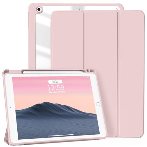 ZKTUYU Hülle für iPad 9/8/7. Gen, Hülle für iPad 9. Generation/iPad 8. Gen Hülle/Hülle für iPad 7 mit Stifthalter 2021/2020/2019, transparenter Rückseitenschale Schutzhülle, für iPad 10,2 Zoll, Rosa von ZKTUYU