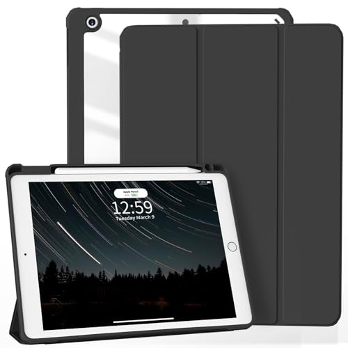 ZKTUYU Hülle für iPad 9/8/7Gen, Hülle für iPad 9Generation/iPad 8. Gen Hülle/Hülle für iPad 7 mit Stifthalter 2021/2020/2019, transparenter Rückseitenschale Schutzhülle, für iPad 10,2 Zoll, Schwarz von ZKTUYU