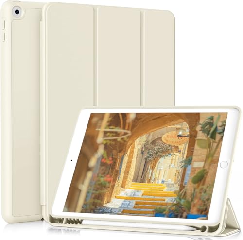 ZKTUYU Hülle für iPad 9. / 8. / 7.Generation mit Stifthalter 10.2 Zoll Modell 2021/2020/2019,Ultradünne Schutzhülle aus TPU mit Standfunktion für iPad 10,2 Zoll,Auto Wachen/Schlafen Funktion,Cremeweiß von ZKTUYU