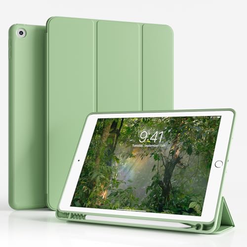 ZKTUYU Hülle für iPad 9. / 8. / 7. Generation mit Stifthalter 10.2 Zoll Modell 2021/2020/2019, Ultradünne Schutzhülle aus TPU mit Standfunktion für iPad 10,2 Zoll, Auto Wachen/Schlafen, Matcha Green von ZKTUYU