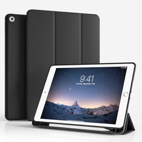 ZKTUYU Hülle für iPad 9. / 8. / 7. Generation mit Stifthalter 10.2 Zoll Modell 2021/2020/2019, Ultradünne Schutzhülle aus TPU mit Standfunktion für iPad 10,2 Zoll,Auto Wachen/Schlafen Funktion,Schwarz von ZKTUYU