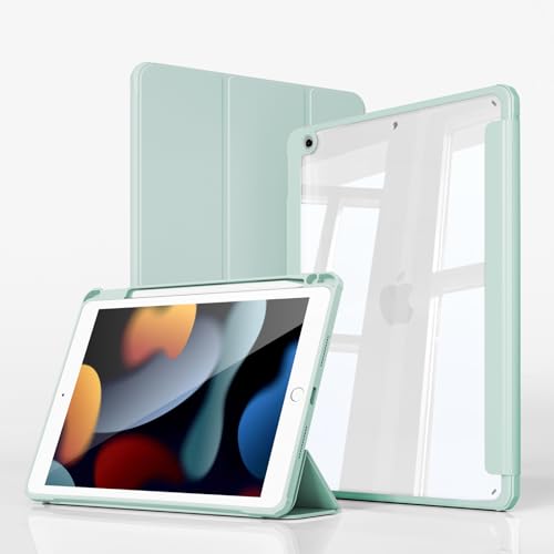 ZKTUYU Hülle für iPad 9. Generation/iPad 8. Gen Hülle/Hülle für iPad 7, Hülle für iPad 9/8/7. Gen mit Stifthalter 2021/2020/2019, transparenter Rückseitenschale Schutzhülle, für iPad 10,2 Zoll, Grün von ZKTUYU