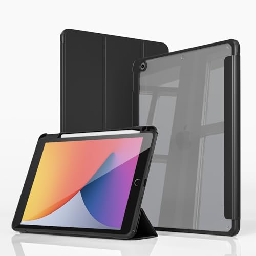 ZKTUYU Hülle für iPad 9. Generation/iPad 8. Gen Hülle/Hülle für iPad 7, Hülle für iPad 9/8/7. Gen mit Stifthalter 2021/2020/2019, transparenter Rückseitenschale Schutzhülle, iPad 10,2 Zoll, Schwarz von ZKTUYU