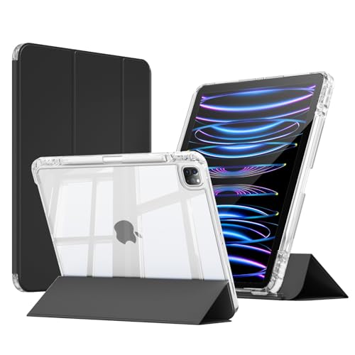 ZKTUYU Hülle für iPad Pro 11 4./ 3./ 2./1. Generation 2022/2021/2020/2018 mit Stifthalter, Kann Pencil 2 Aufladen, 2 in1 Abnehmbare Abdeckung mit Schiebeschublade,Transparente Rückseite, Schwarz von ZKTUYU