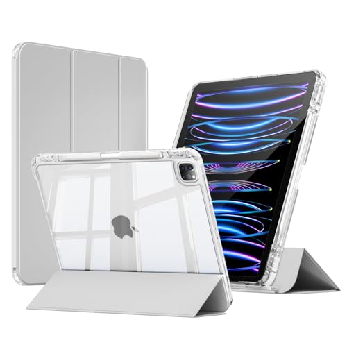 ZKTUYU Hülle für iPad Pro 11 4./ 3./ 2./1. Generation 2022/2021/2020/2018 mit Stifthalter, Kann Pencil 2 Aufladen, 2 in1 Abnehmbare Abdeckung mit Schiebeschublade,Transparente Rückseite, Grau von ZKTUYU