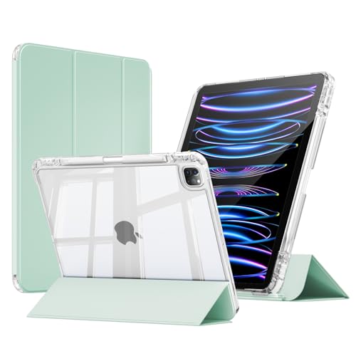 ZKTUYU Hülle für iPad Pro 11 4./ 3./ 2./1. Generation 2022/2021/2020/2018 mit Stifthalter, Kann Pencil 2 Aufladen, 2 in1 Abnehmbare Abdeckung mit Schiebeschublade,Transparente Rückseite, Grün von ZKTUYU