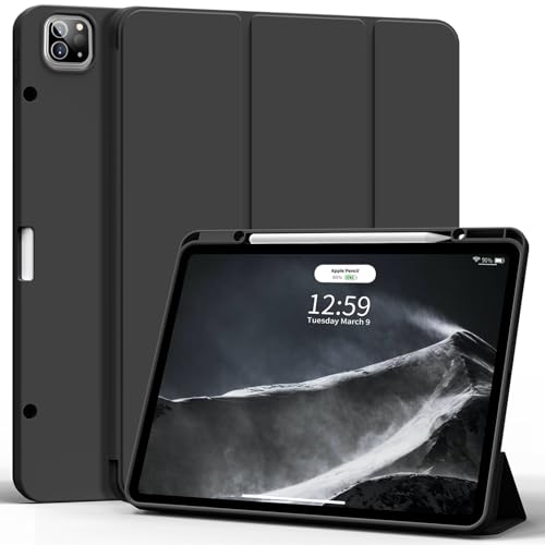 ZKTUYU Hülle für iPad Pro 12,9 Zoll 6. / 5. / 4. Generation 2022/2021/2020 mit Stifthalter, Ultradünn Stoßfeste, Weiche TPU Rückseite, Tragbar Schutzhülle für iPad Pro 12.9 Zoll, Schwarz von ZKTUYU