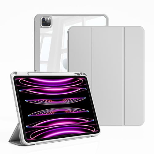 ZKTUYU iPad Pro 11 hülle mit Stifthalter (2022/2021/2020, 2./3./4. Generation), Klare Transparente Rückseite, durchsichtig Acryl Stoßfeste Schutzhülle für Apple iPad Pro11 Zoll, Grau von ZKTUYU