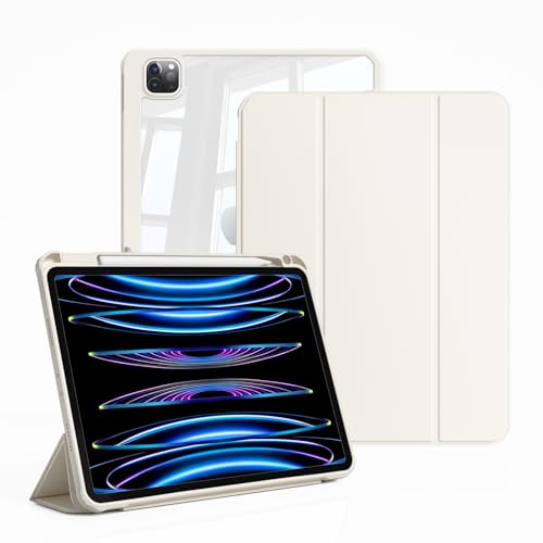 ZKTUYU iPad Pro 11 hülle mit Stifthalter (2022/2021/2020, 2./3./4. Generation), Klare Transparente Rückseite, durchsichtig Acryl Stoßfeste Schutzhülle für Apple iPad Pro11 Zoll, Weiß von ZKTUYU