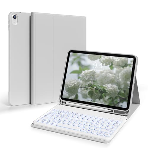 ZKTUYU Hülle mit Tastatur für iPad 11 Generation A16/10 Generation (11/10.9 Zoll, 2025/2022), 7-farbige Beleuchtung Bluetooth QWERTZ Tastatur Hülle mit Stifthalter, Soft TPU Rückseite Gehäuse, Grau von ZKTUYU