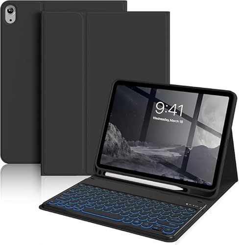 ZKTUYU Hülle mit Tastatur für iPad 11 Generation A16/10 Generation (11/10.9 Zoll, 2025/2022), 7-farbige Beleuchtung Bluetooth QWERTZ Tastatur Hülle mit Stifthalter, Soft TPU Rückseite Gehäuse, Schwarz von ZKTUYU