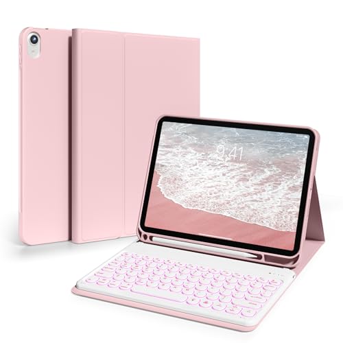 ZKTUYU Hülle mit Tastatur für iPad 11 Generation A16/10 Generation (11/10.9 Zoll, 2025/2022), 7-farbige Beleuchtung Bluetooth QWERTZ Tastatur Hülle mit Stifthalter, Soft TPU Rückseite Gehäuse, Rosa von ZKTUYU