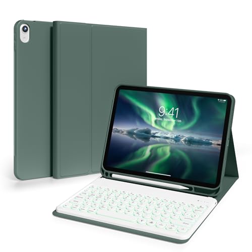 ZKTUYU Hülle mit Tastatur für iPad 11 Generation A16/10 Generation (11/10.9 Zoll,2025/2022),7-farbige Beleuchtung Bluetooth QWERTZ Tastatur Hülle mit Stifthalter,Soft TPU Rückseite Gehäuse, Dunkelgrün von ZKTUYU