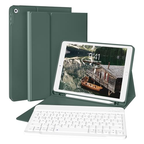 ZKTUYU Tastatur Hülle für iPad 9./ 8./ 7.Gen (2021/2020/2019) mit Pencil Halter, Soft TPU Schutzhülle, magnetisch Abnehmbarer Tastatur mit QWERTZ Layout für iPad 10.2 Zoll, Dunkelgrün von ZKTUYU