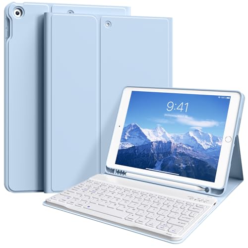 ZKTUYU Tastatur Hülle für iPad 9./ 8./ 7.Gen (2021/2020/2019) mit Pencil Halter, Soft TPU Schutzhülle, magnetisch Abnehmbarer Tastatur mit QWERTZ Layout für iPad 10.2 Zoll, Blau von ZKTUYU
