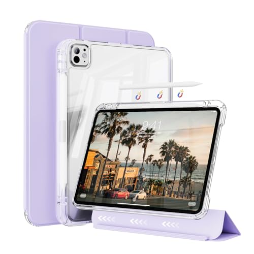 ZKTUYU Hybrid Hülle für iPad Pro 11 Zoll M4 2024 5. Generation mit stifthalter/2-in-1 Abnehmbarer Dreifach Gefalteter Schiebedeckel, Transparenter Rückseitenschale Schutzhülle (Lila) von ZKTUYU
