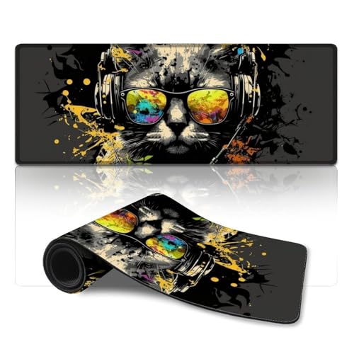 Gaming-Mauspad, Katze mit Kopfhörern, XL-Mauspad (30 x 80 x 0,3 cm), Mäusepad für Laptop, Computer, PC, Büro, süßes Design, Schreibtischzubehör von ZKYUBEK