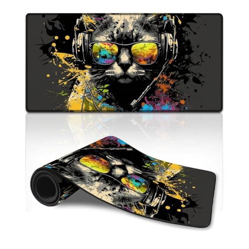 Großes Mauspad, Katze mit Kopfhörern, L-Mauspad (30 x 60 x 0,3 cm), Mäusepad mit Rutschfester Unterseite für Home-Office-Computer, Laptop von ZKYUBEK