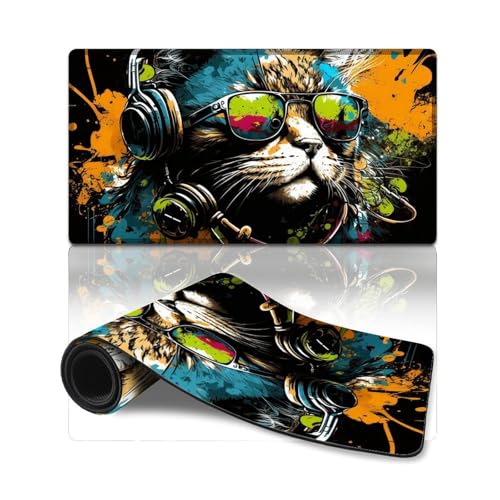 Mauspad Katze mit Kopfhörern, wasserdichtes Mauspad (40 x 75 x 0,3 cm), Tischpad mit Rutschfester Unterseite für Home-Office-Computer, Laptop von ZKYUBEK