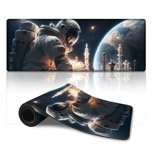 ZKYUBEK Computer-Mauspad, Astronauten Spielen Schach, waschbares Mauspad (30 x 80 x 0,3 cm), Schreibtischunterlage mit Rutschfester Unterseite und genähtem Rand für Gaming-Büroarbeiten von ZKYUBEK