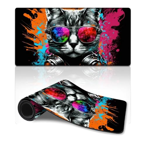 ZKYUBEK Computer-Mauspad, Katze mit Kopfhörern, extra großes Mauspad (30 x 60 x 0,3 cm), Schreibtischunterlage mit Rutschfester Gummiunterseite, genähte Kanten von ZKYUBEK