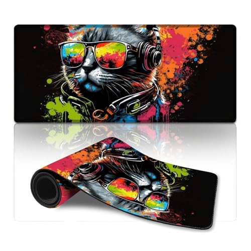 ZKYUBEK Computer-Mauspad, Katze mit Kopfhörern, waschbares Mauspad (40 x 90 x 0,3 cm), Tischpad für Computer, Laptop, Büro, Zuhause und unterwegs von ZKYUBEK