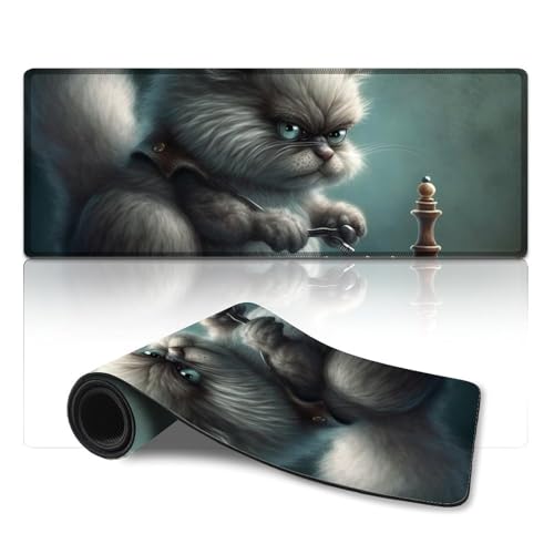 ZKYUBEK Computer-Mauspad, Katze spielt Schach, Lange XL-Mauspads (30 x 80 x 0,3 cm), Schreibtischunterlage mit genähtem Rand, Computer-Schreibtischzubehör, rutschfeste Unterseite von ZKYUBEK