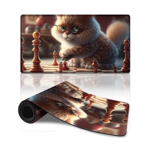 ZKYUBEK Computer-Mauspad, Katze spielt Schach, genähte Kanten, Mauspad (40 x 75 x 0,3 cm), Tastaturpad für Arbeit/Spiel/Büro/Zuhause von ZKYUBEK