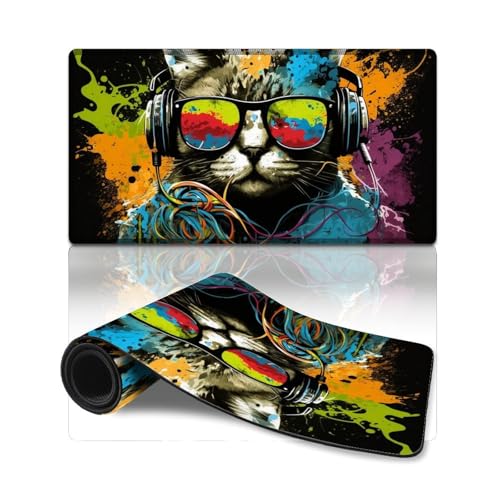 ZKYUBEK Gaming-Mauspad, Katze mit Kopfhörern, genähte Kanten, Mauspad (40 x 75 x 0,3 cm), Tischpad, rutschfeste Gummiunterseite für MacBook, PC, Laptop, Büro von ZKYUBEK