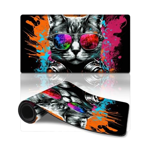 ZKYUBEK Gaming-Mauspad, Katze mit Kopfhörern, genähte Kanten, Mauspad (40 x 75 x 0,3 cm), Tischpad, rutschfeste Gummiunterseite für MacBook, PC, Laptop, Büro von ZKYUBEK