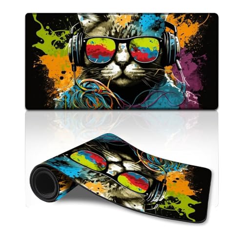 ZKYUBEK Gaming-Mauspad, Katze mit Kopfhörern, wasserdicht, Mauspad (30 x 60 x 0,3 cm), Tastaturpad für Computer, Laptop, Büro, Schreibtischzubehör von ZKYUBEK