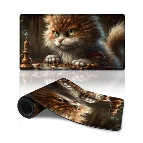 ZKYUBEK Gaming-Mauspad, Katze spielt Schach, genähte Kanten, Mauspad (40 x 75 x 0,3 cm), Schreibtischunterlage für Computer, Laptop, Büro, Schreibtischzubehör von ZKYUBEK