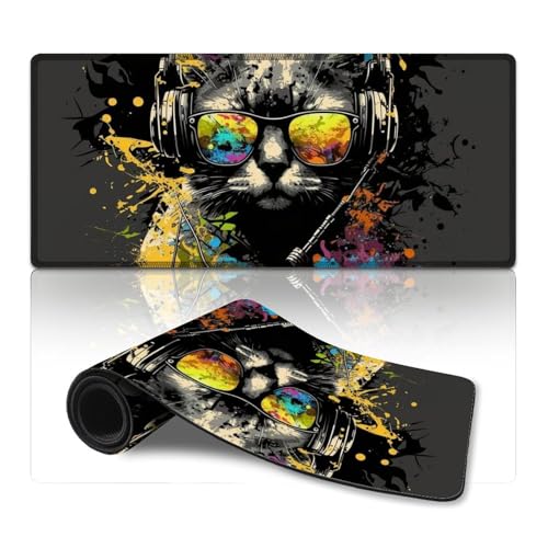 ZKYUBEK Großes Gaming-Mauspad, Katze mit Kopfhörern, extra großes Mauspad (40 x 90 x 0,3 cm), Schreibtischunterlage mit genähtem Rand, Computer-Schreibtischzubehör, rutschfeste Unterseite von ZKYUBEK