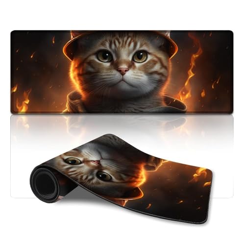 ZKYUBEK Großes Gaming-Mauspad mit Feuerwehrmann-Katze, wasserdichtes Mauspad (30 x 80 x 0,3 cm), Tischpad mit verbesserter Präzision und Geschwindigkeit von ZKYUBEK