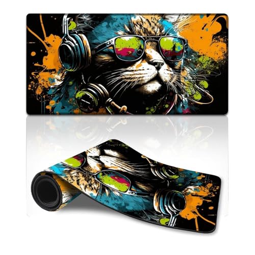 ZKYUBEK Großes Gaming-Mauspad mit Katze und Kopfhörern, Mauspad (30 x 60 x 0,3 cm), Tischmatte mit Rutschfester Gummiunterseite, weich und langlebig, für Büro- und Heimcomputer von ZKYUBEK