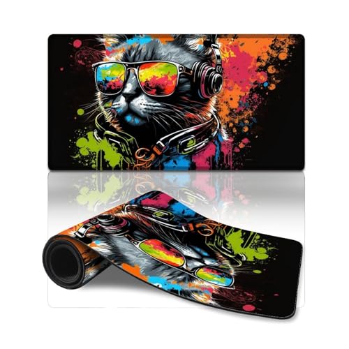 ZKYUBEK Großes Gaming-Mauspad mit Katze und Kopfhörern, Mauspad (40 x 75 x 0,3 cm), Tischmatte mit Rutschfester Gummiunterseite, weich und langlebig, für Büro- und Heimcomputer von ZKYUBEK
