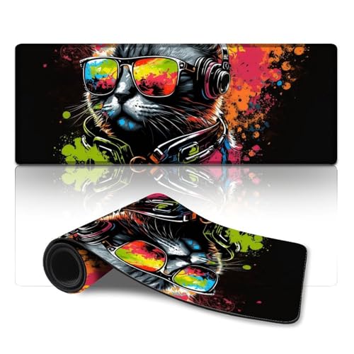 ZKYUBEK Großes Gaming-Mauspad mit Katze und Kopfhörern, genähte Kanten, Mauspad (30 x 80 x 0,3 cm), Tischunterlage für Computer, Laptop, Arbeiten, Gaming von ZKYUBEK